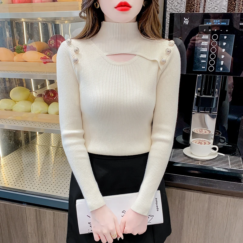 半高领打底衫2023新款女秋冬镂空内搭毛衣气质高级感修身打底上衣