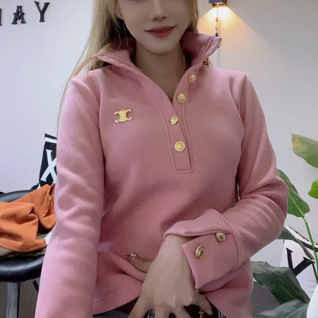 加绒加厚金扣立领卫衣秋冬新款时尚洋气打底衫宽松保暖上衣1220
