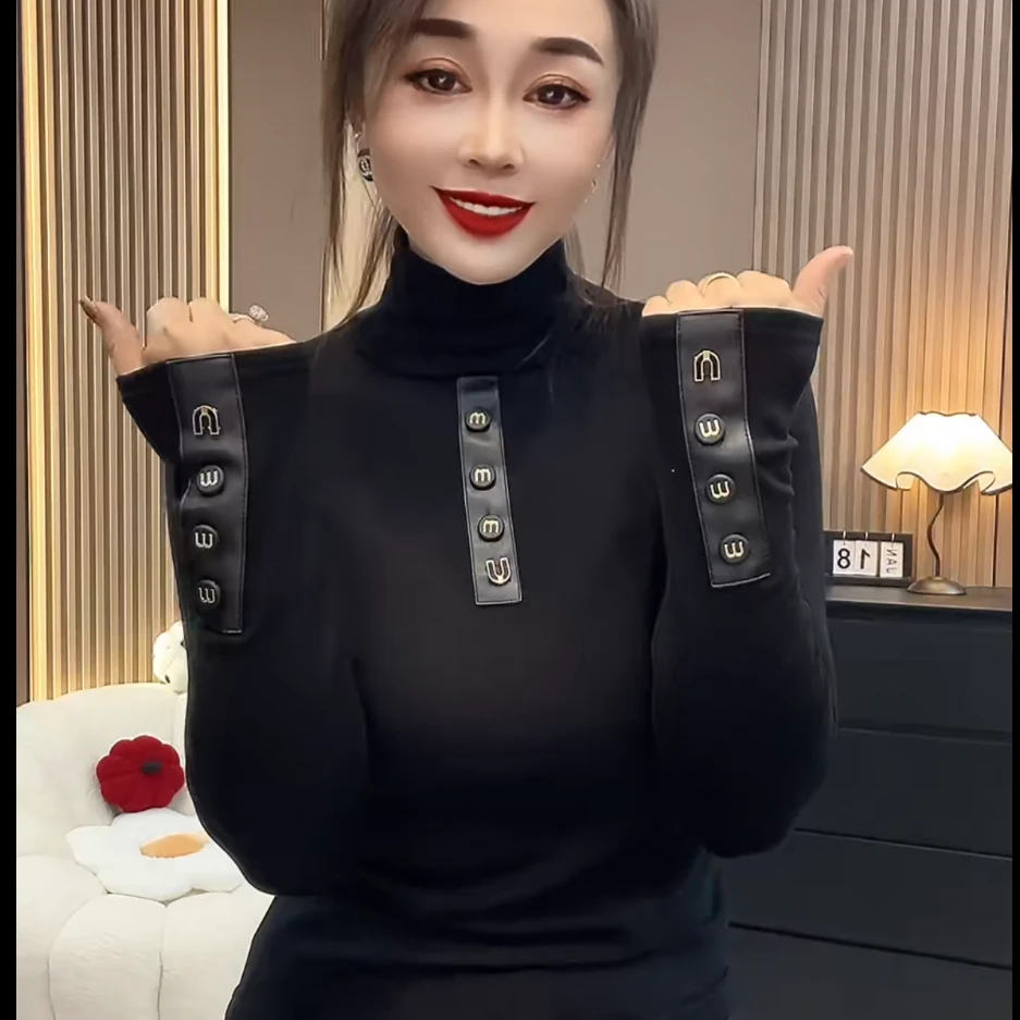 秋冬拼皮加绒高领气质长袖t恤皮袖扣装饰保暖百搭拼接打底衫8862