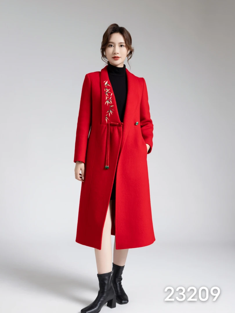 新中式国风双面零羊绒大衣女2024秋冬新款青果领刺绣高端毛呢外套