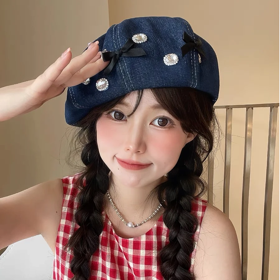 重工蝴蝶结水钻牛仔贝雷帽显脸小蓓蕾画家帽 HDSZM
