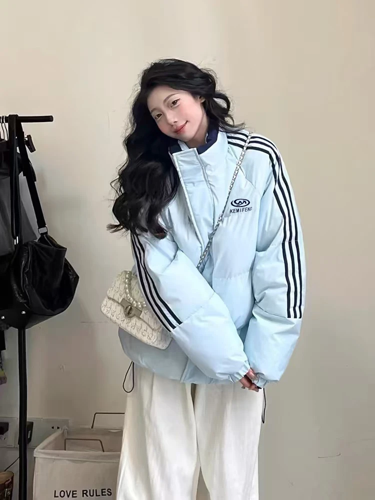 立领运动条纹棉服女美式冬季ins新款慵懒风宽松加厚棉衣棉袄外套