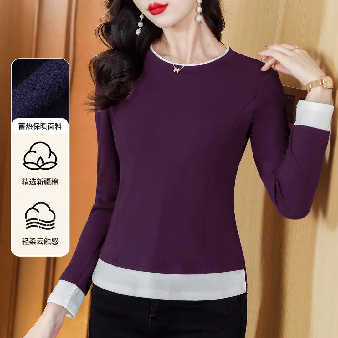 冬季加绒洋气打底衫新款假两件圆领长袖t恤正肩显瘦百搭时尚女装