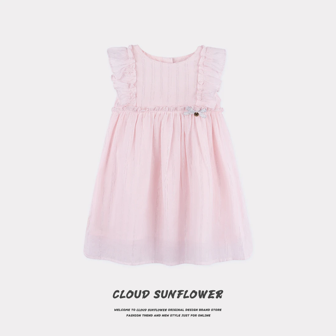 【云朵小葵】女童粉色竖条纹飞袖高级蝴蝶结小标连衣裙1112331