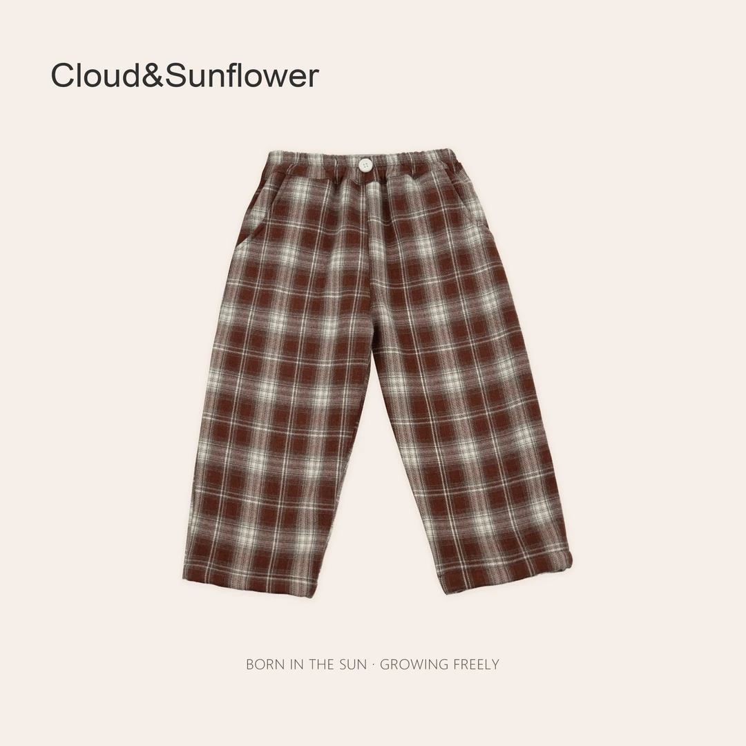 女童红白格子撞色一粒扣拉绒百搭休闲裤1113070