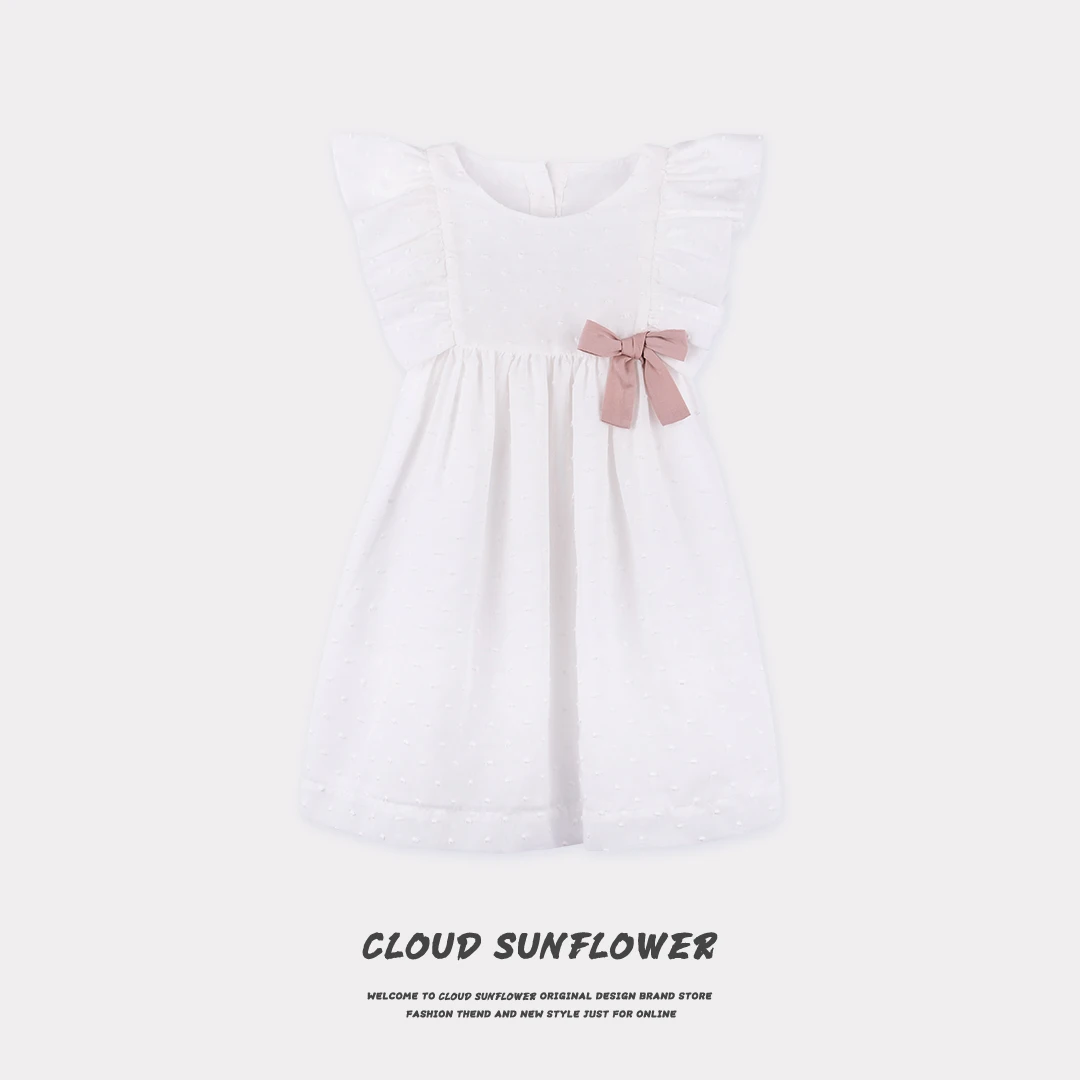 【云朵小葵】女童白色圆领大蝴蝶结洋气百搭连衣裙1112282