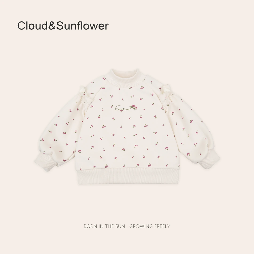 儿童秋冬潮流木耳花边袖满印字母樱桃加厚卫衣1113253