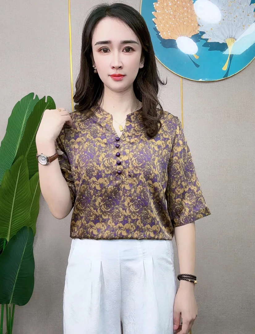 【紫色玫瑰】中老年妈妈宽装松显瘦遮肚气质洋气百搭时尚上衣宽松