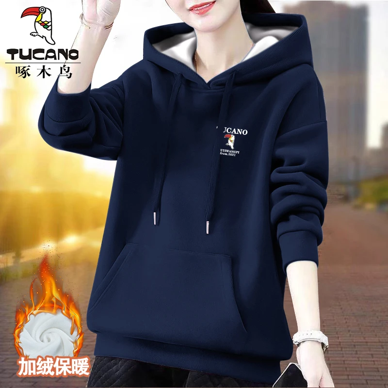 啄木鸟加绒加厚冬季保暖衫连帽减龄卫衣显瘦休闲百搭印花宽松上衣