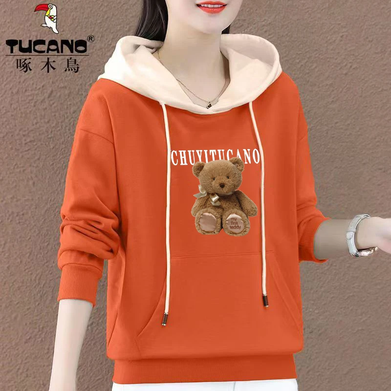 薄款/加绒 啄木鸟正品2023秋季百搭休闲印花女装棉款连帽拼色卫衣