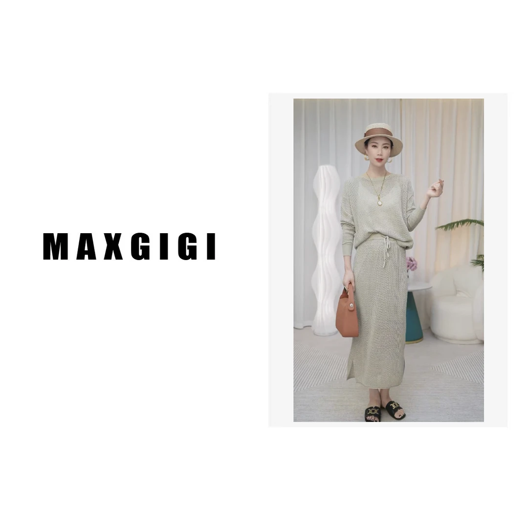 【镂空套装】MAXGIGI2023新款宽抽绳松针织上衣+显瘦针织半裙#2388