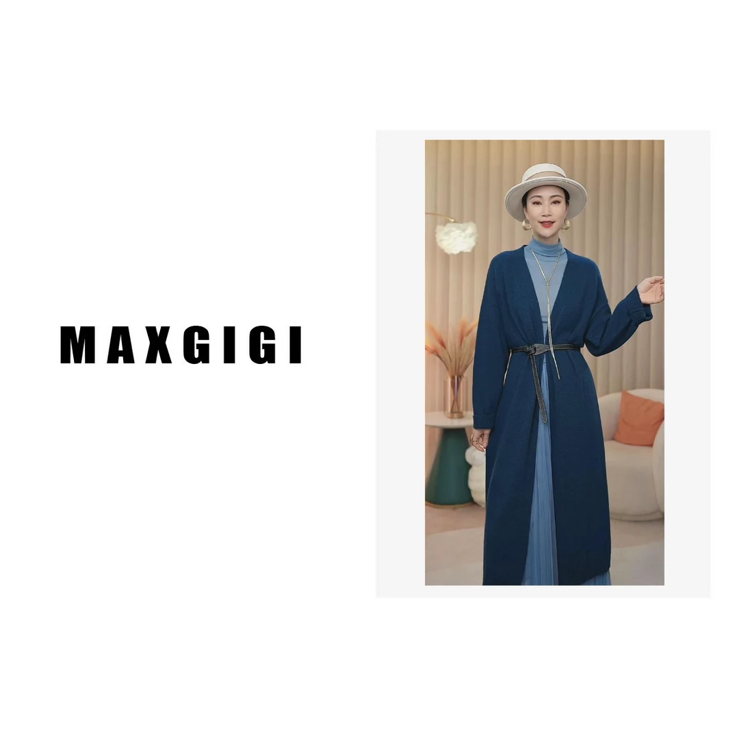 送腰带MAXGIGI新款百搭宽松极简羊毛针织长款开衫#231055
