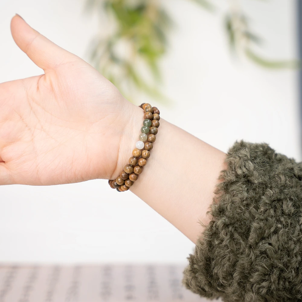 【缘起四方】绿檀木质搭配和田玉双圈手串阿根廷文玩手串原创设计