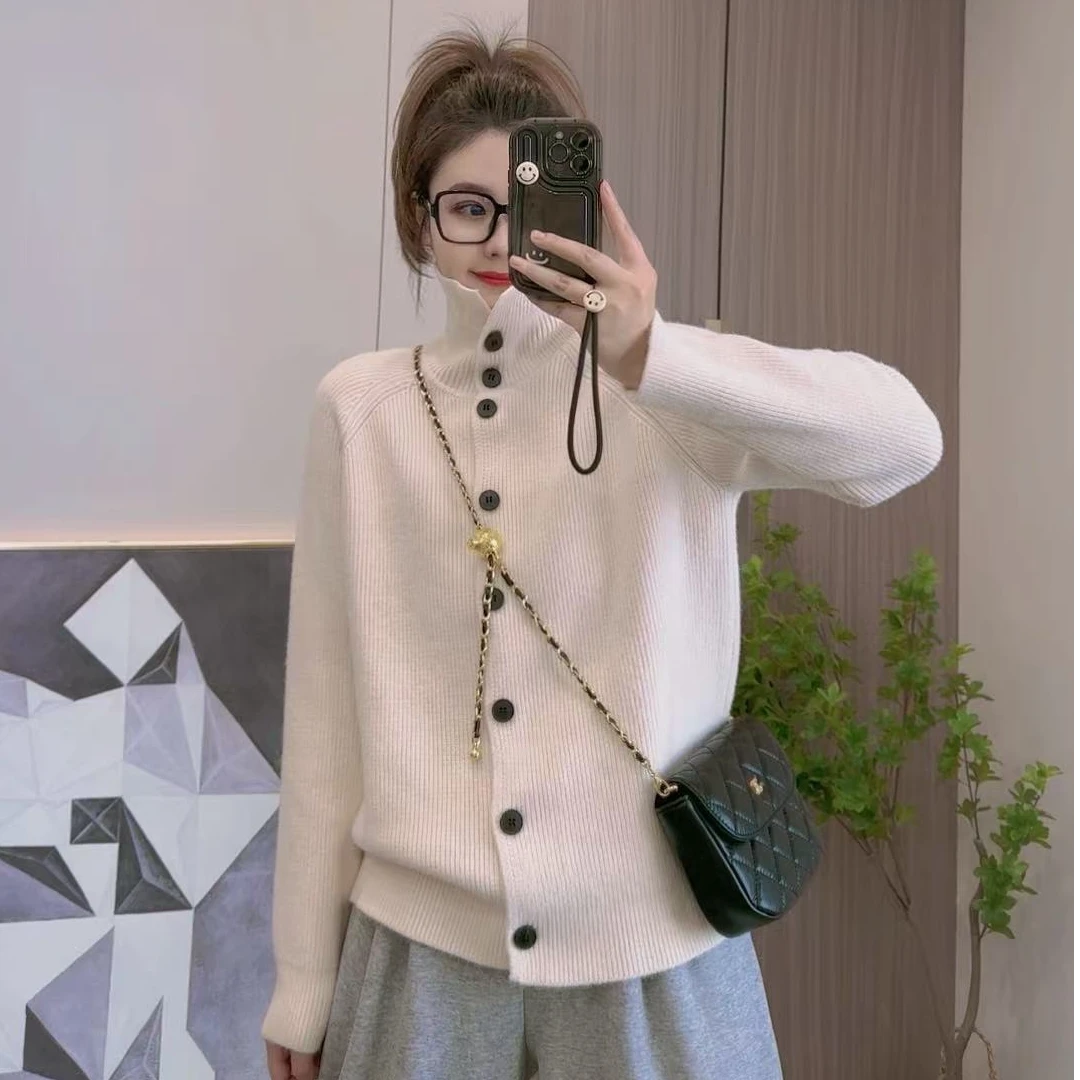 现货纽扣【加厚高领】高领宽松休闲百搭口袋双头拉链毛衣