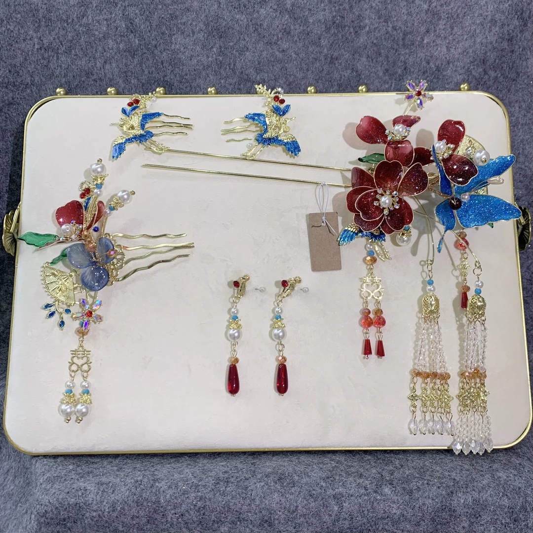 合金婚庆饰品 500号新中式红色造液花朵流苏发簪秀禾头饰婚礼发饰