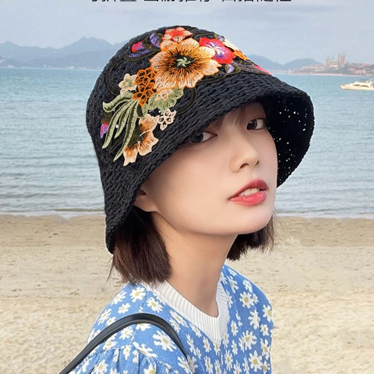 民族风刺绣花夏季透气镂空防晒渔夫帽女遮阳百搭水桶帽子太阳盆帽