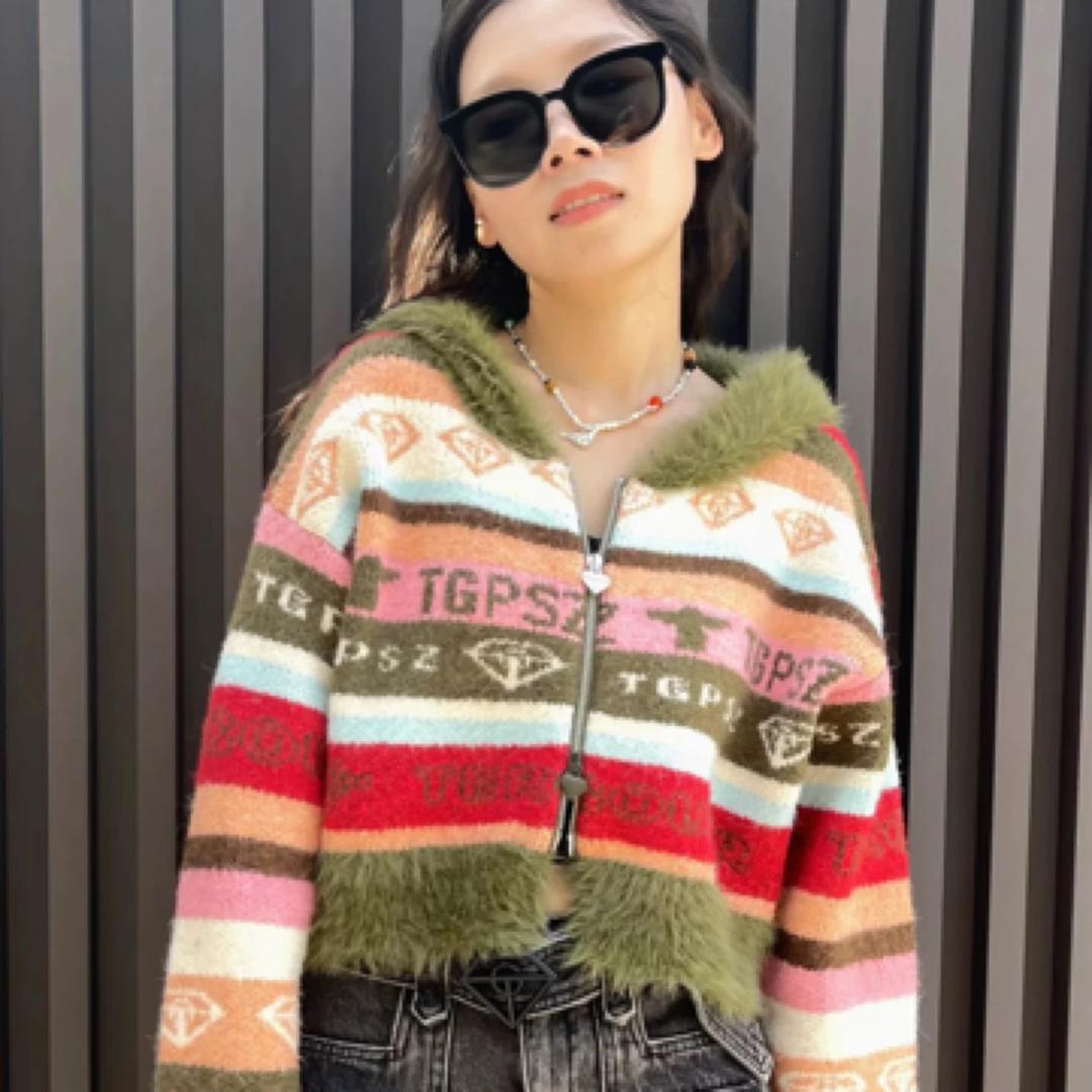 The God Particle开衫彩条短款TGP连帽针织衫女彩虹毛衣开衫