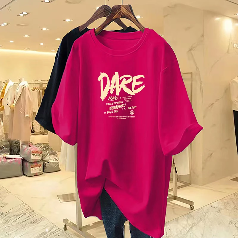 火龙果红色T恤女创意夏季新款大版短袖宽松中长款字母印花上衣潮