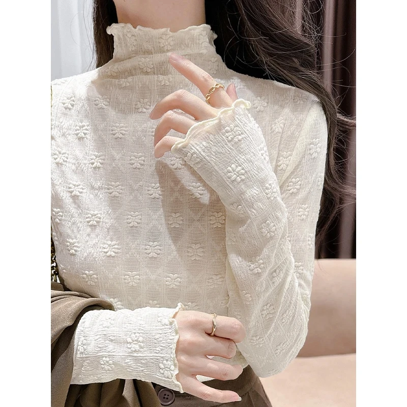 XUDUOMI/许多米木耳边花朵刺绣水溶蕾丝打底衫2025秋冬半高领显瘦