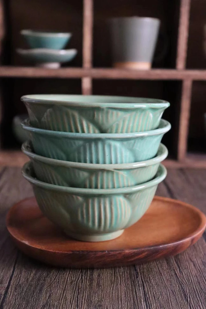 【云滇】莲花绿釉手工陶米饭碗家用