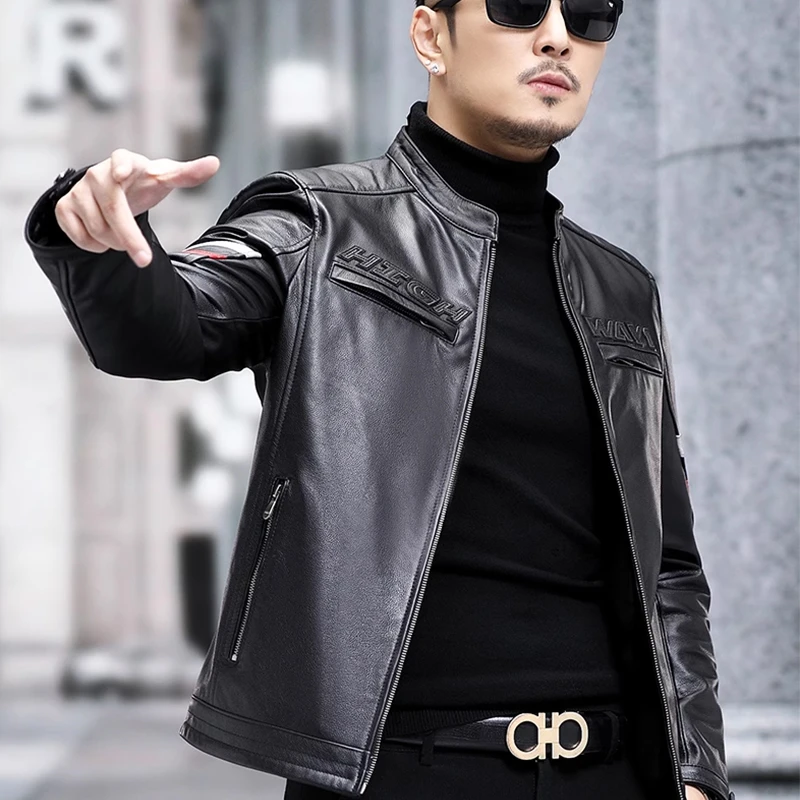 海宁新款真皮皮衣男士头层纯牛皮立领机车服夹克帅气修身外套休闲