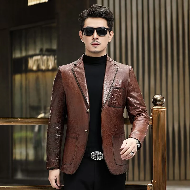 真皮皮衣西装领男款休闲帅气机车2024新款油蜡绵羊皮西服轻奢外套