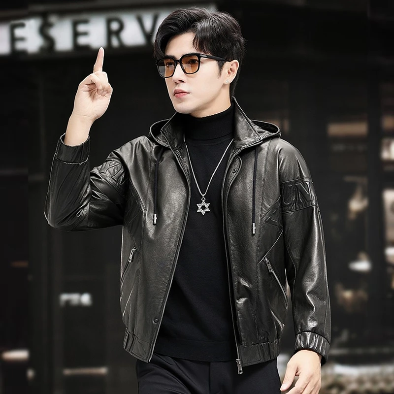 【全国包邮】皮衣男绵羊皮柔软海宁新款真皮夹克连帽宽松秋季外套秋