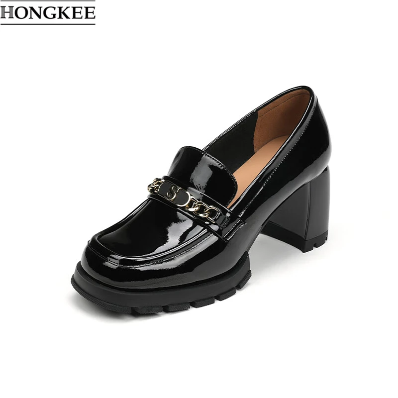 25春季牛皮粗跟单鞋金属饰扣时尚优雅乐福H815D101