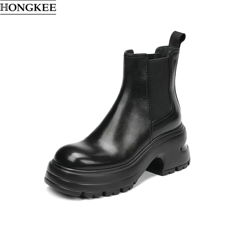 冬季牛皮圆头增高短靴优雅时尚厚底靴H074S420