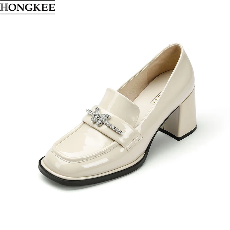 HONGKEE/红科春季圆头粗跟水钻蝴蝶结时尚优雅乐福鞋女HA84S100