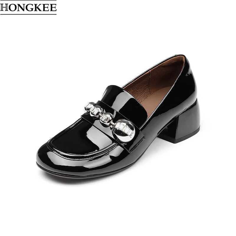 HONGKEE/红科秋季新英伦风圆头金属饰扣优雅时尚乐福H744D310