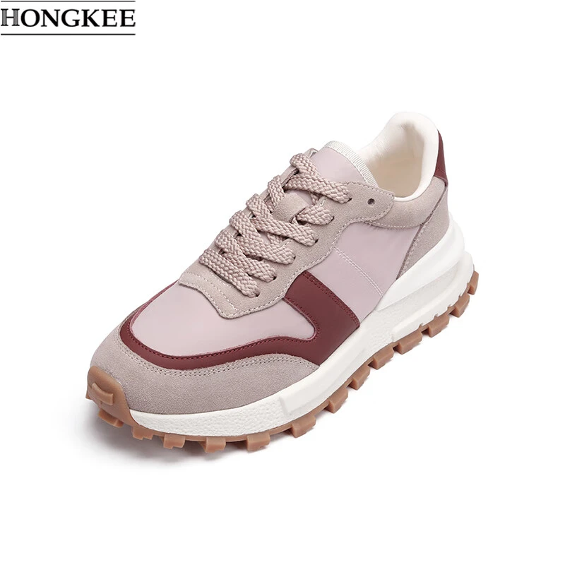 HONGKEE/红科春季厚底系带华夫鞋时尚简约增高休闲鞋女HB14X101