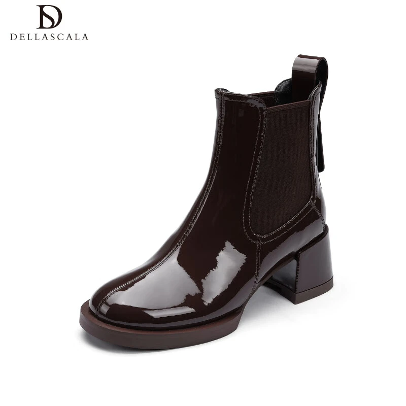 DELLASCALA冬圆头粗跟超纤套筒时尚优雅短筒漆皮靴D613S420