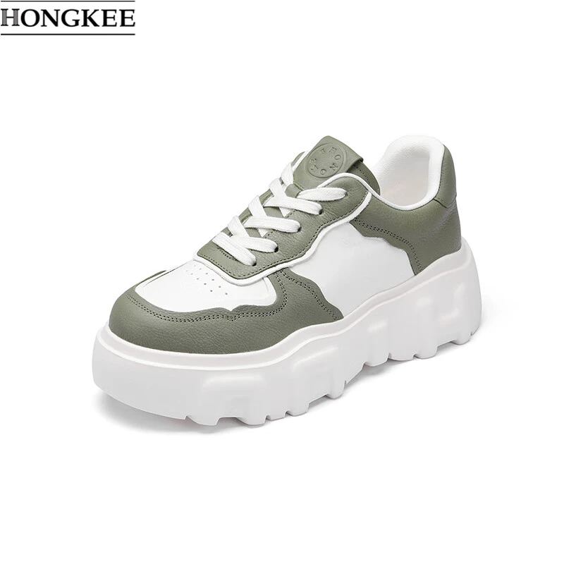 HONGKEE/红科秋季牛皮圆头厚底休闲鞋拼色百搭时尚板鞋女HA53X300