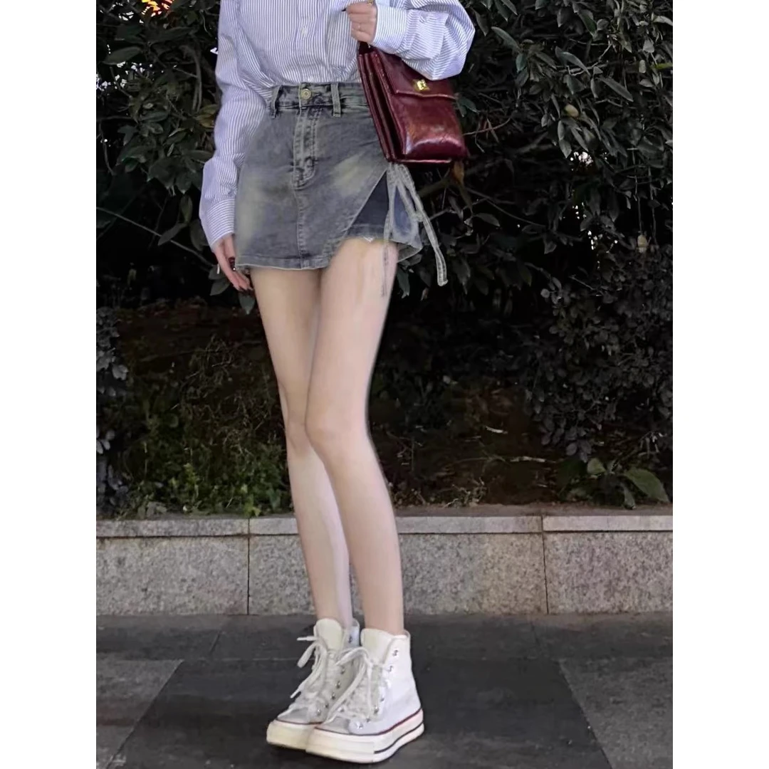 不规则抽绳牛仔短裙女夏季新款设计感高腰裙裤小个子a字半身裙子