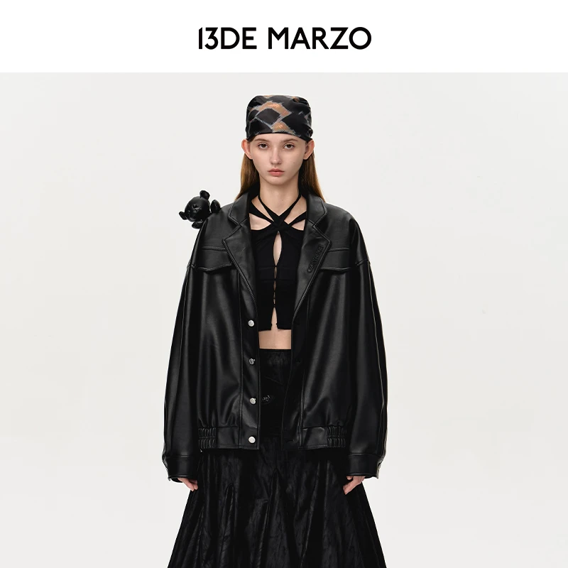 13DE MARZO男女同款 24秋冬新款小熊皮衣夹克百搭黑色气质外套