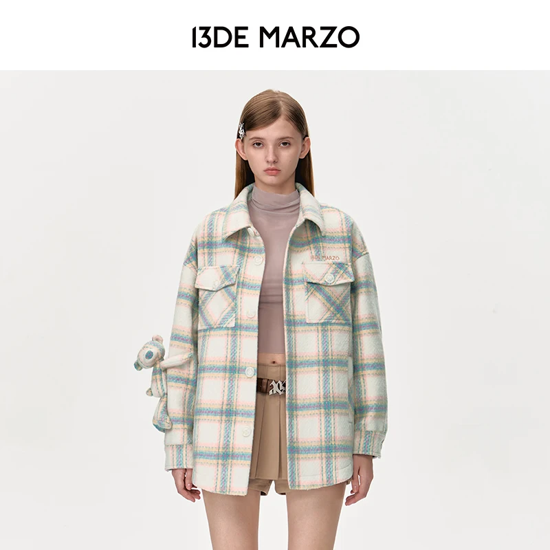 13DE MARZO男女同款 秋冬新款格纹小熊衬衫气质宽松休闲外套