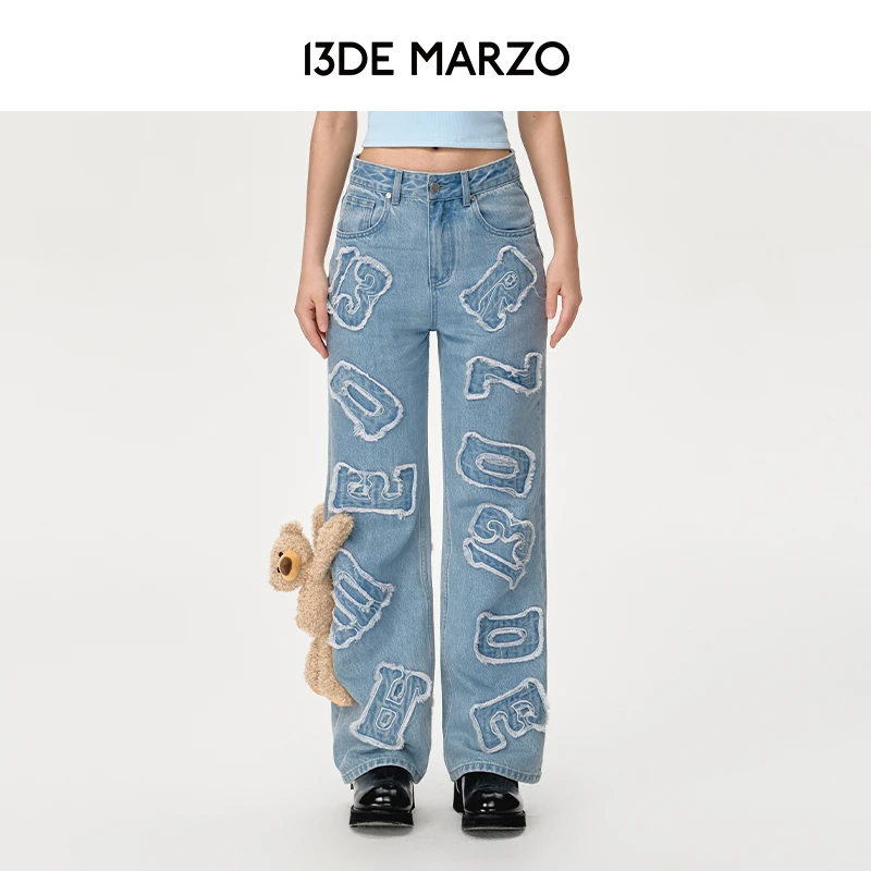 13DE MARZO女士 24秋冬新款复古水洗贴布Logo直筒裤子个性牛仔裤