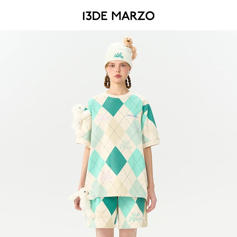 13DE MARZO男女同款 拼色棱格宽松时尚T恤休闲百搭个性圆领短袖