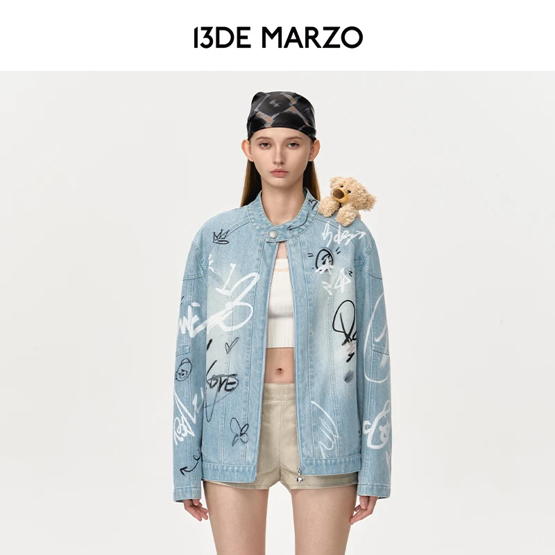 13DE MARZO男女同款 24秋冬新款肩头小熊涂鸦牛仔衣夹克立领外套