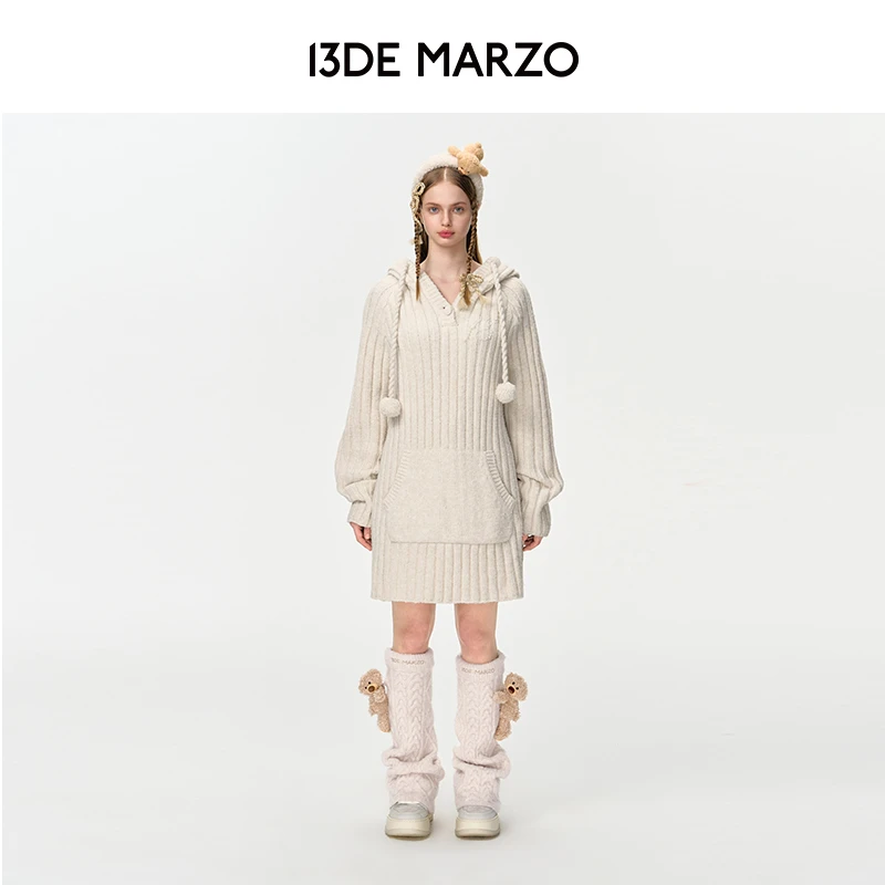 13DE MARZO女士 秋冬新款粗坑条针织衫甜美中长款连衣裙毛衣