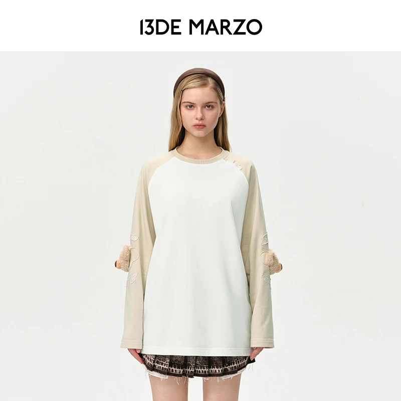 13DE MARZO男女同款 早秋新款手肘玩偶插肩长袖打底衫圆领T恤