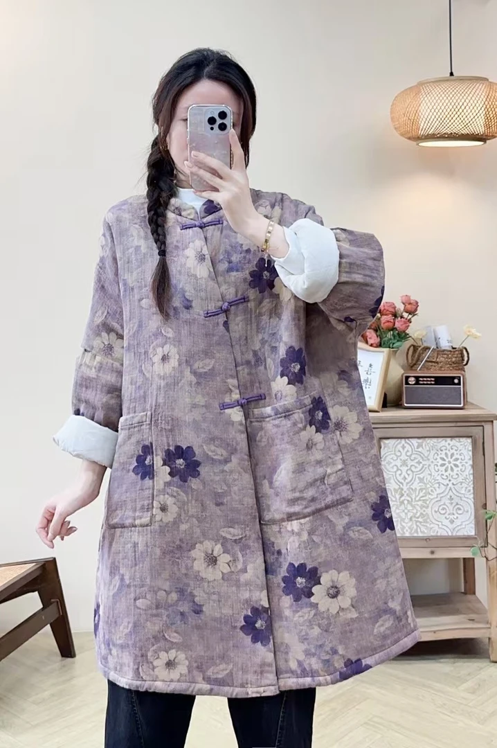 秋季新品印花长款双层宽松气质时尚百搭秋冬棉衣