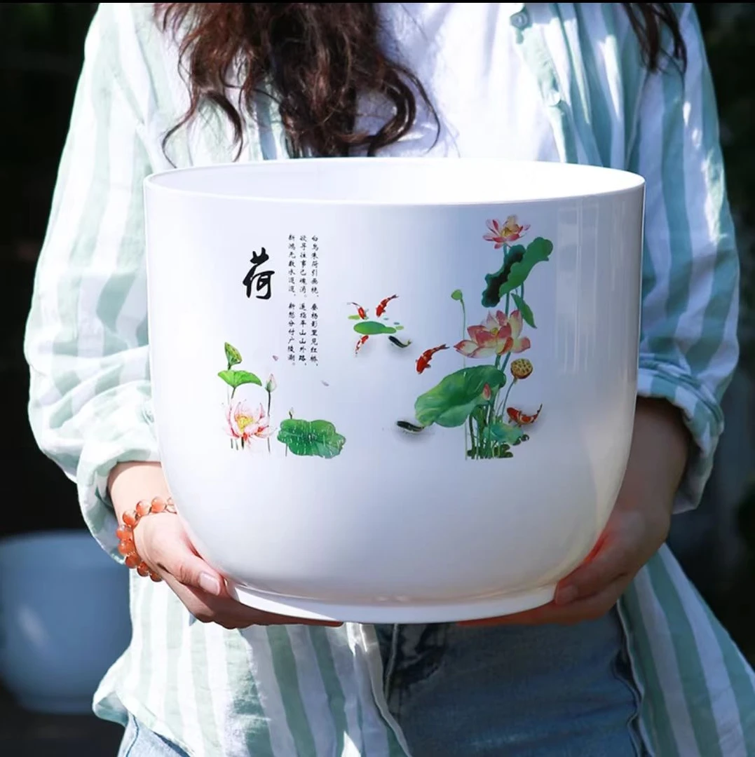 水仙花盆大口径无孔铜钱草水培盆碗莲一叶莲树脂中国风仿瓷荷花盆