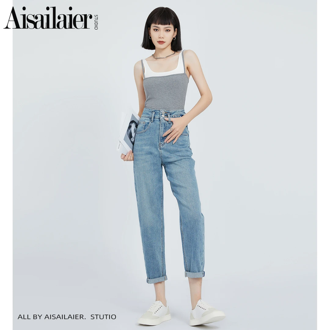 翻边浅色高腰老爹牛仔裤女锥形裤2024年秋季新款宽松显瘦萝卜裤潮