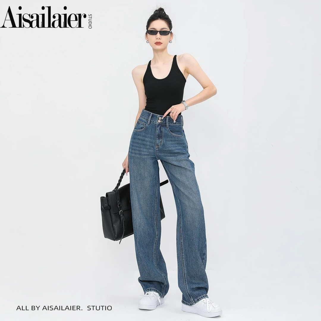 复古深蓝色阔腿牛仔裤女2026年春夏新款宽松显瘦高腰加长拖地裤