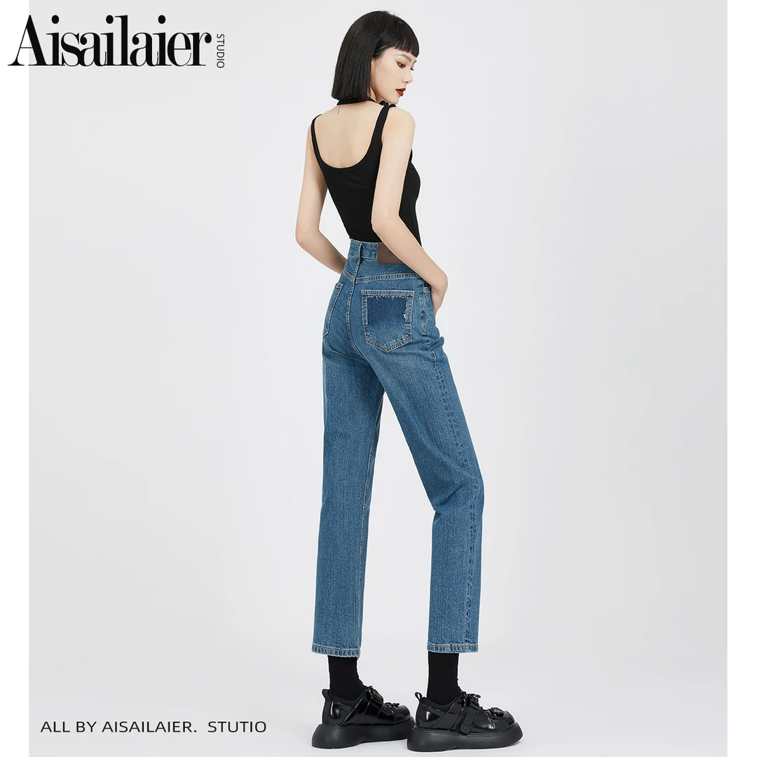 欧货九分高腰直筒牛仔裤女2024年春秋新款弹力修身小个子烟管裤潮