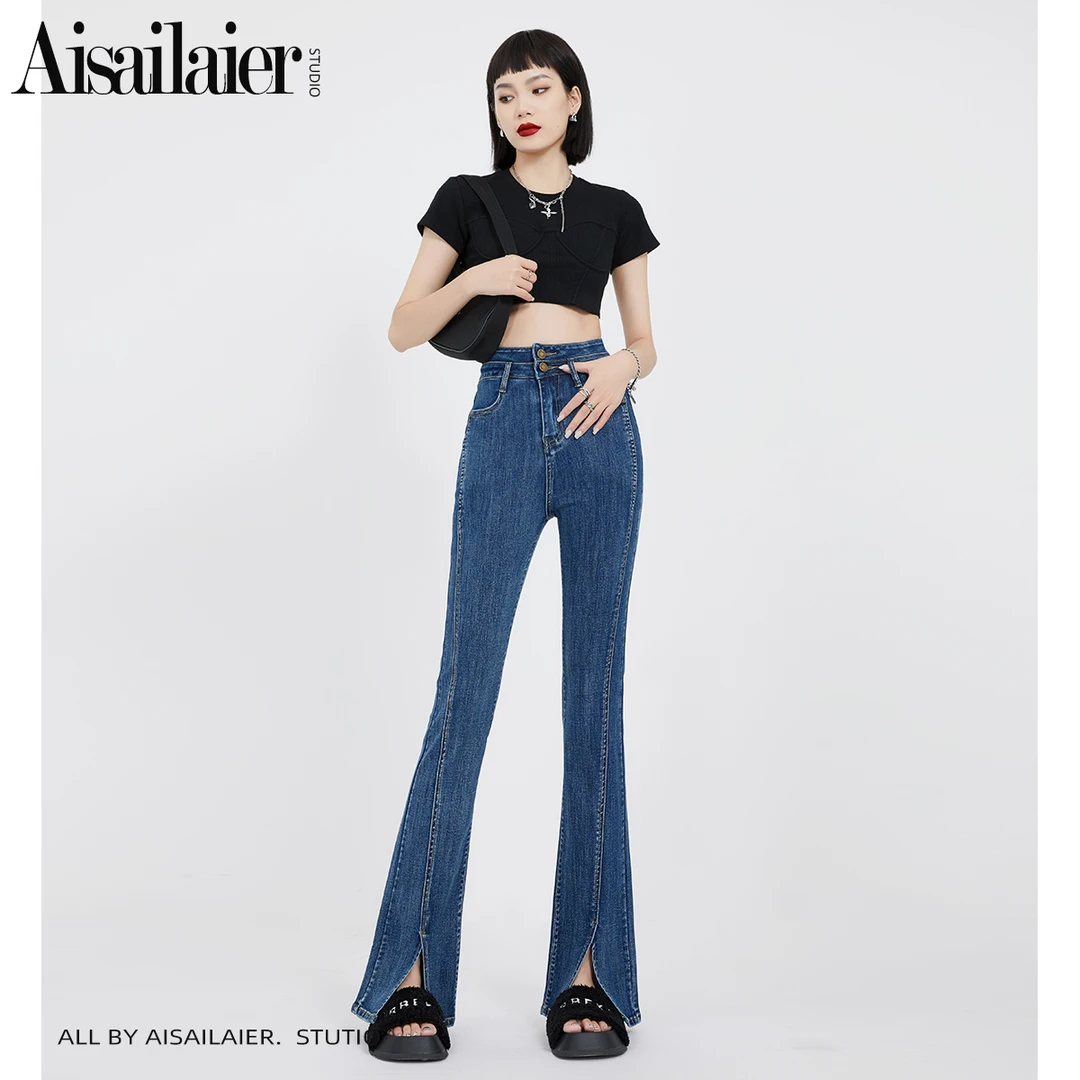 设计感高腰开叉喇叭显瘦马蹄裤2025年春夏新款牛仔裤女弹力微喇裤