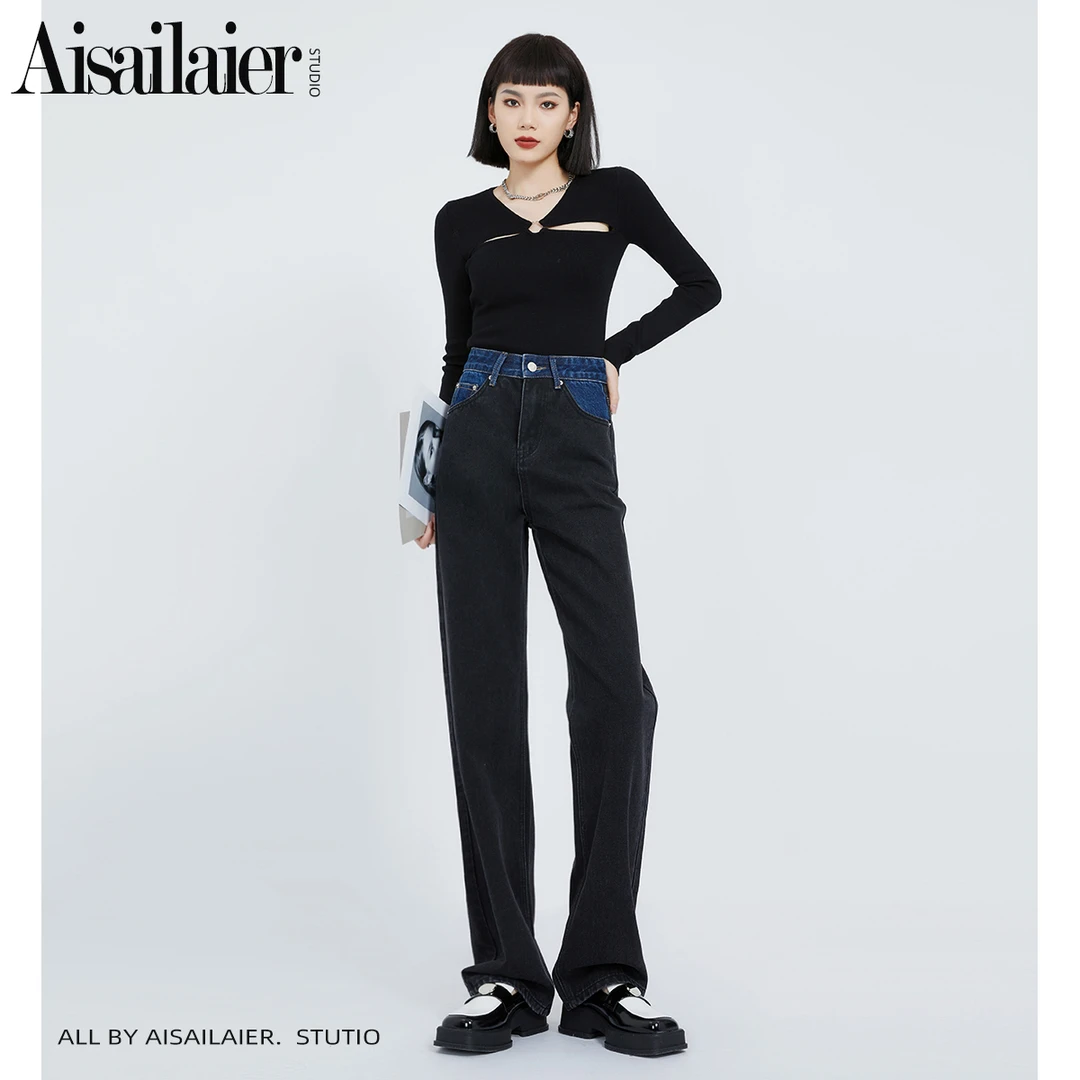 设计感高腰窄版阔腿牛仔裤女2025年秋冬新款宽松显瘦直筒裤