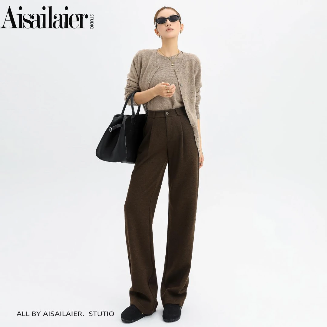 咖色高腰西装裤女2026年春夏新款宽松显瘦加长毛呢直筒阔腿裤
